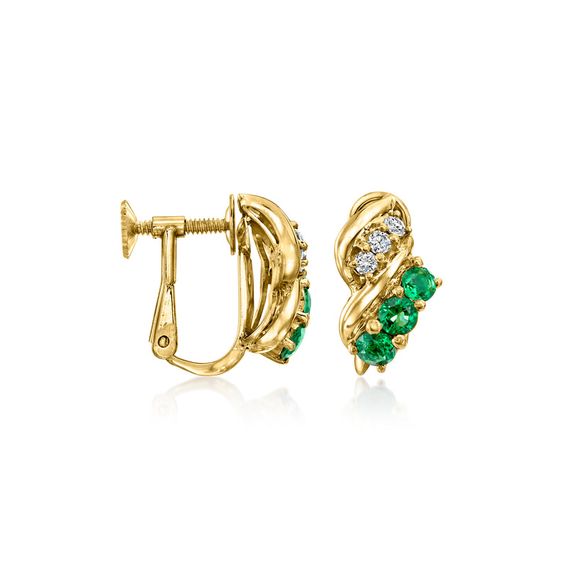 Vintage 18k yellow gold clip earrings, hinged backs with emerald green and diamond accents