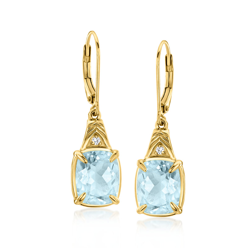 Gold leverback drop earrings with sky blue cushion topaz and small diamond accents