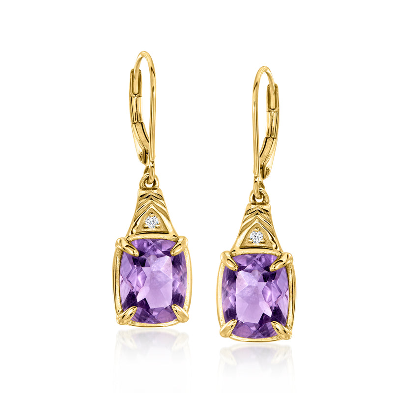18kt gold over sterling leverback drop earrings with purple amethyst and diamond accents
