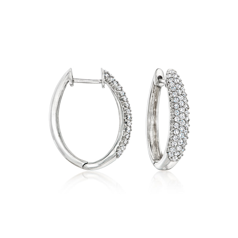Diamond oval hoop earrings in 14kt white gold, front and side views