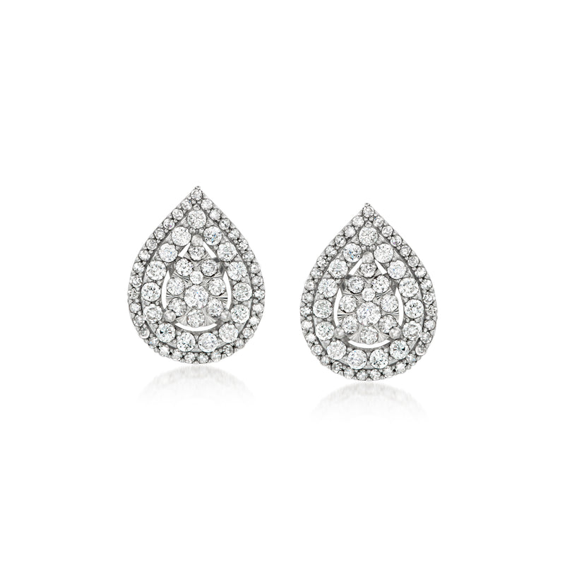 Teardrop diamond cluster drop earrings in white gold, prong and pave details
