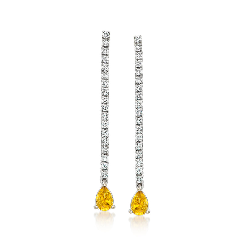 Diamond linear drop earrings with yellow citrine teardrop accents in white gold