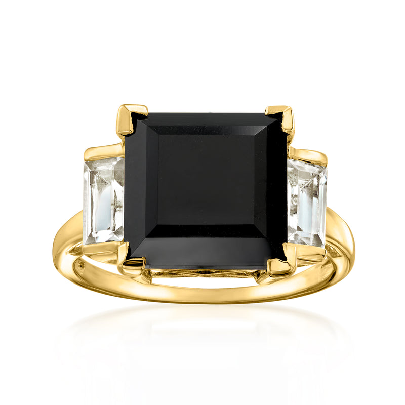 18kt gold over sterling ring with square black onyx center and clear topaz side stones