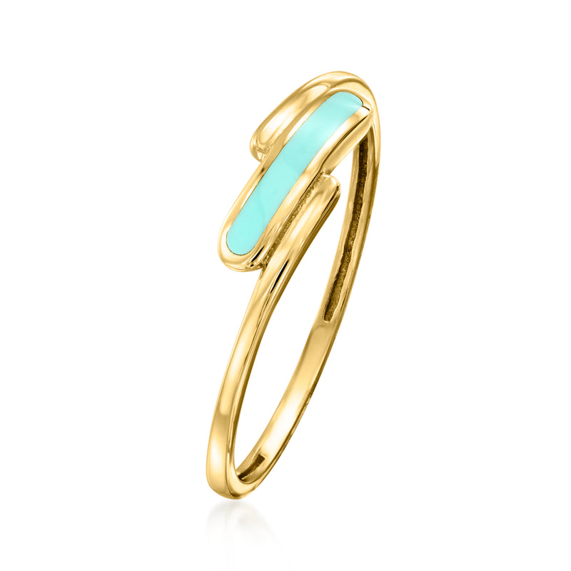 Turquoise enamel bypass ring in 10kt yellow gold, side view