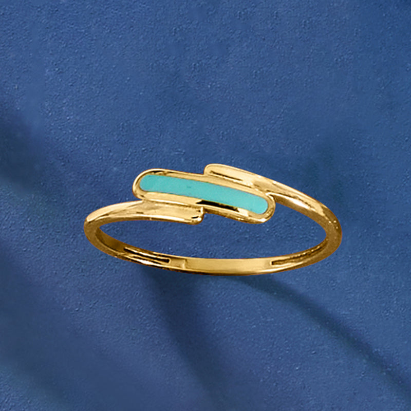 Turquoise enamel bypass ring in 10kt yellow gold with open band