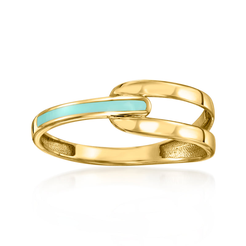 Turquoise enamel interlocking ring in 10kt yellow gold with a polished gold band