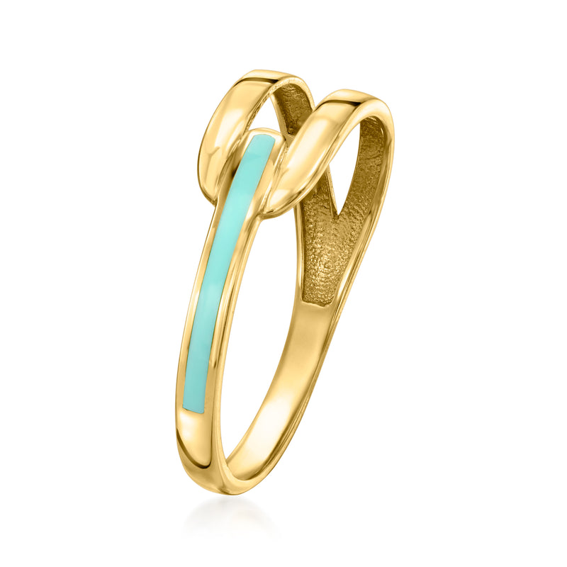Turquoise enamel interlocking ring in 10kt yellow gold, side view of open bands