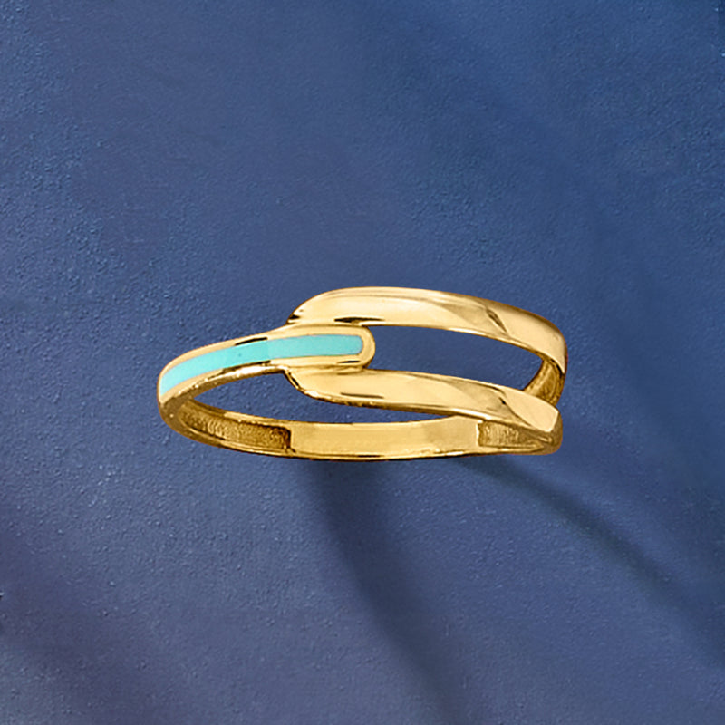 10kt yellow gold interlocking ring with turquoise enamel inlay, top angle