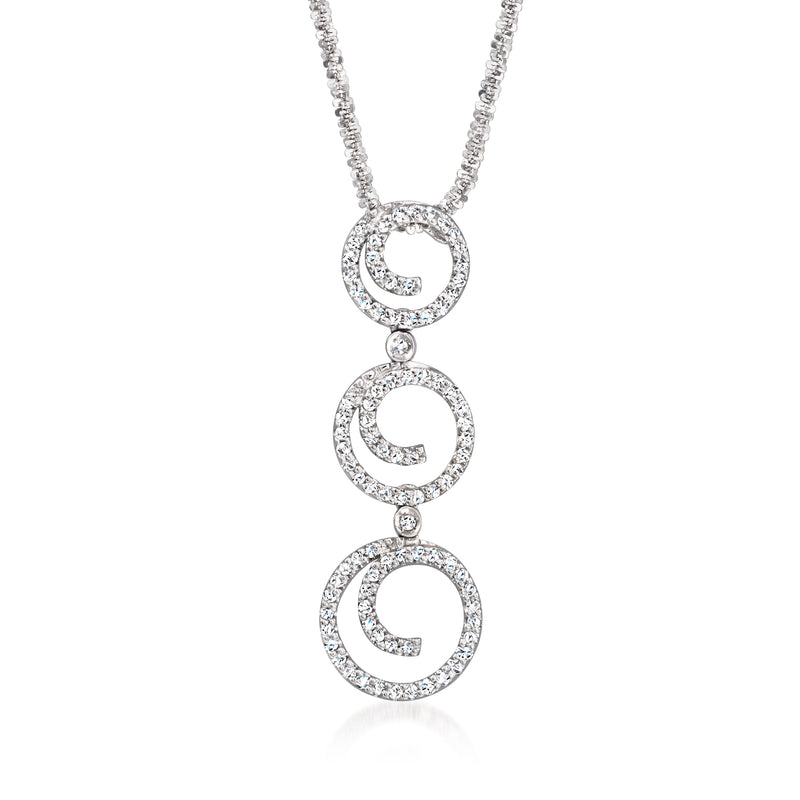 14kt white gold diamond swirl drop necklace with three round swirl pendants