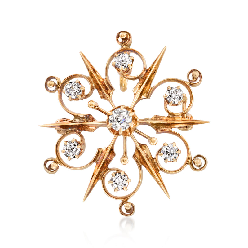 14kt yellow gold snowflake pin pendant with round diamond clusters