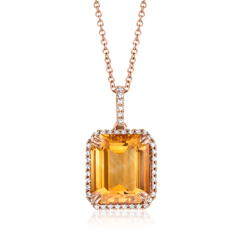 Rose gold citrine pendant necklace with diamond halo and chain