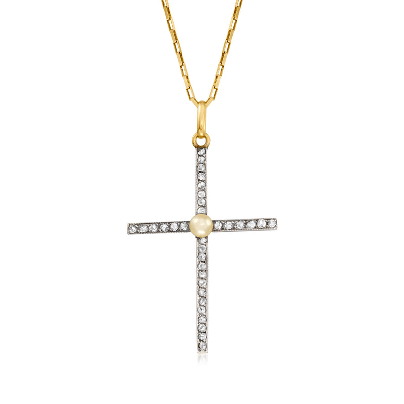 Cross pendant necklace in yellow gold with platinum diamond border and cultured pearl center