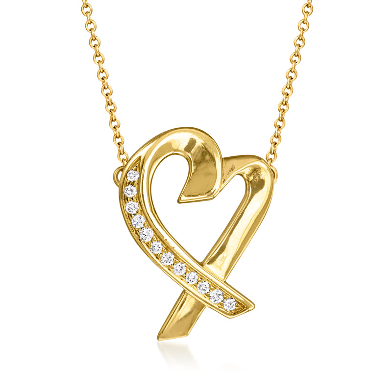 18kt yellow gold heart pendant necklace with diamond ribbon detail