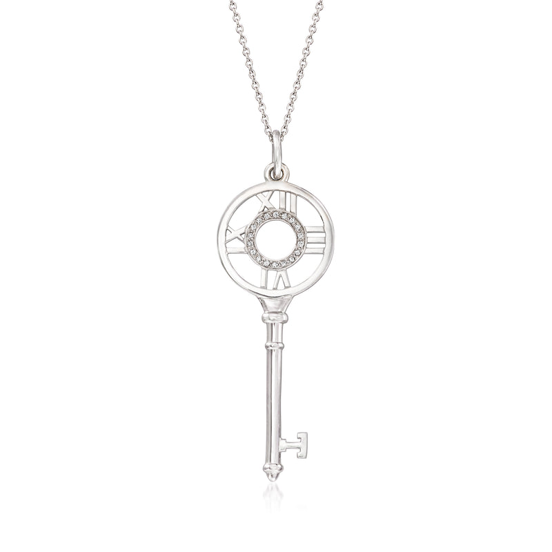 Tiffany diamond key pendant necklace in 18k white gold, round ring detail on key