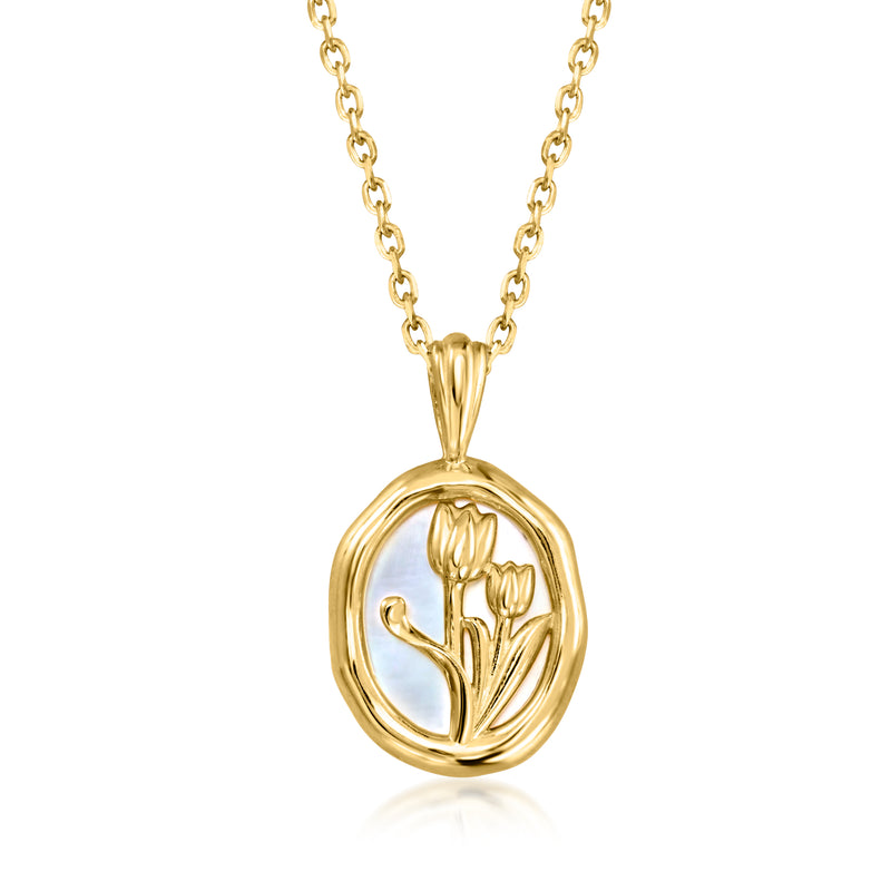 18kt gold-over-sterling tulip pendant necklace with mother-of-pearl oval locket