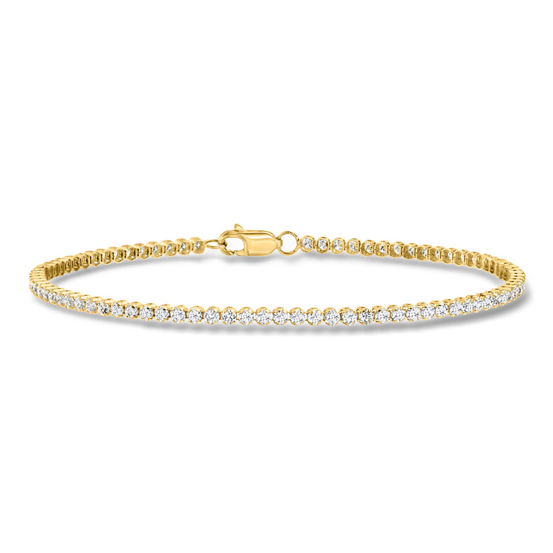 Yellow gold tennis bracelet with round lab-grown diamond-like stones and hinged clasp