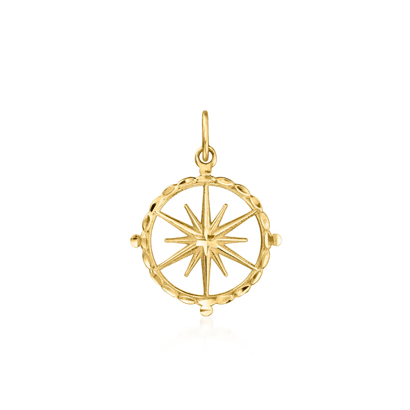 14kt yellow gold compass charm with round openwork design and hanging bail.