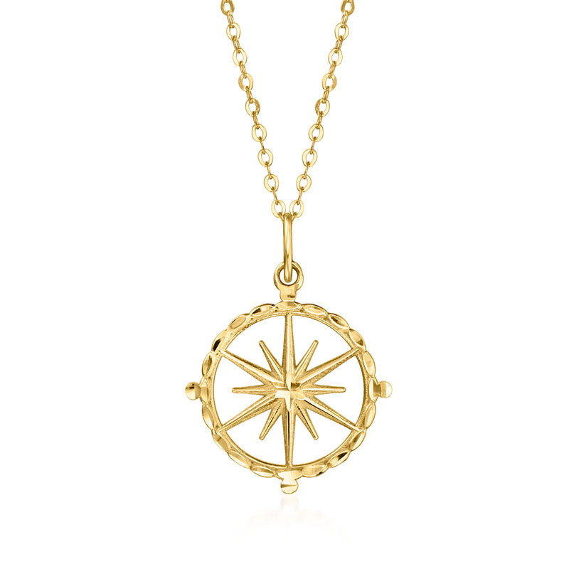 Round 14kt yellow gold compass pendant with chain links and top loop.