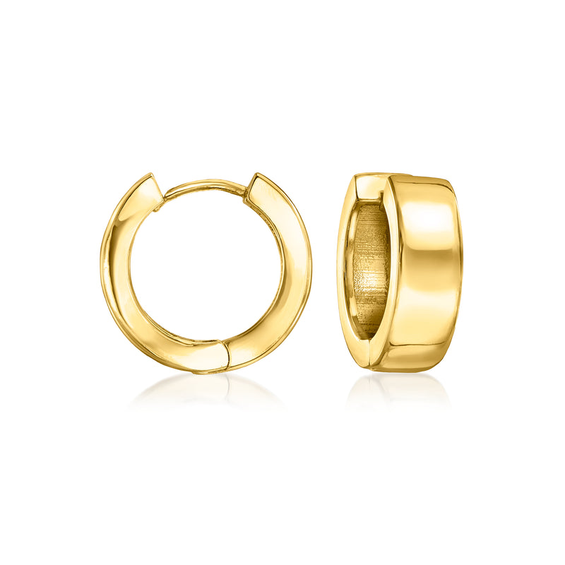 Gold-plated huggie hoop earrings with hinged clasp, polished yellow finish