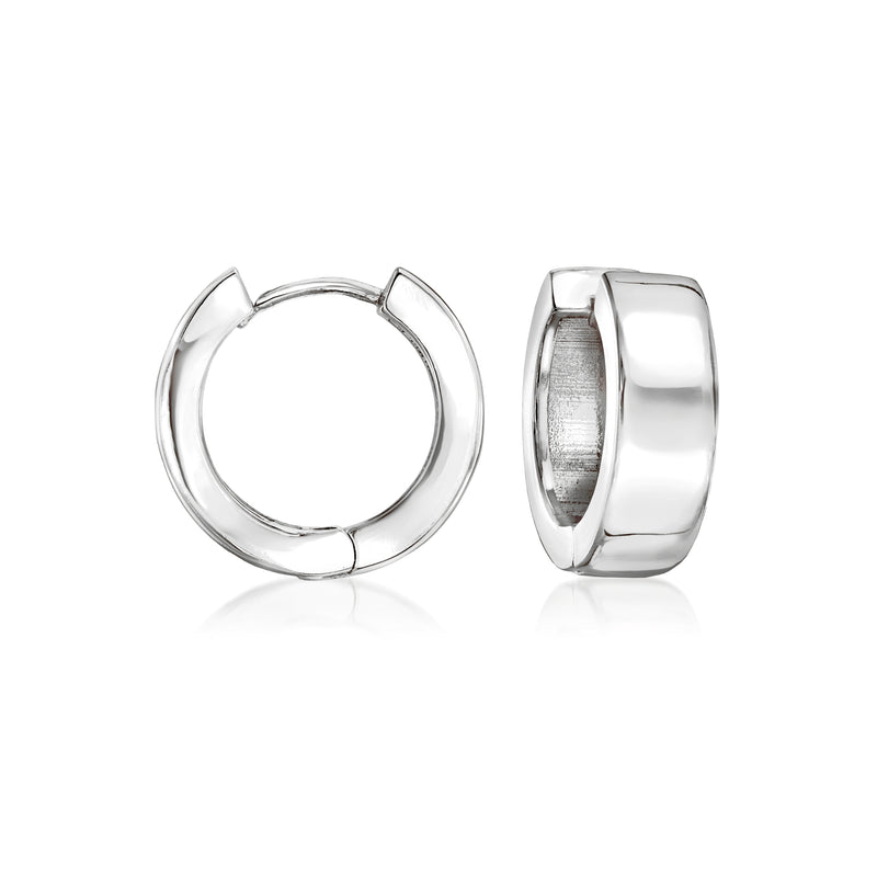 Sterling silver-plated huggie hoop earrings, hinged clasp, polished shine.