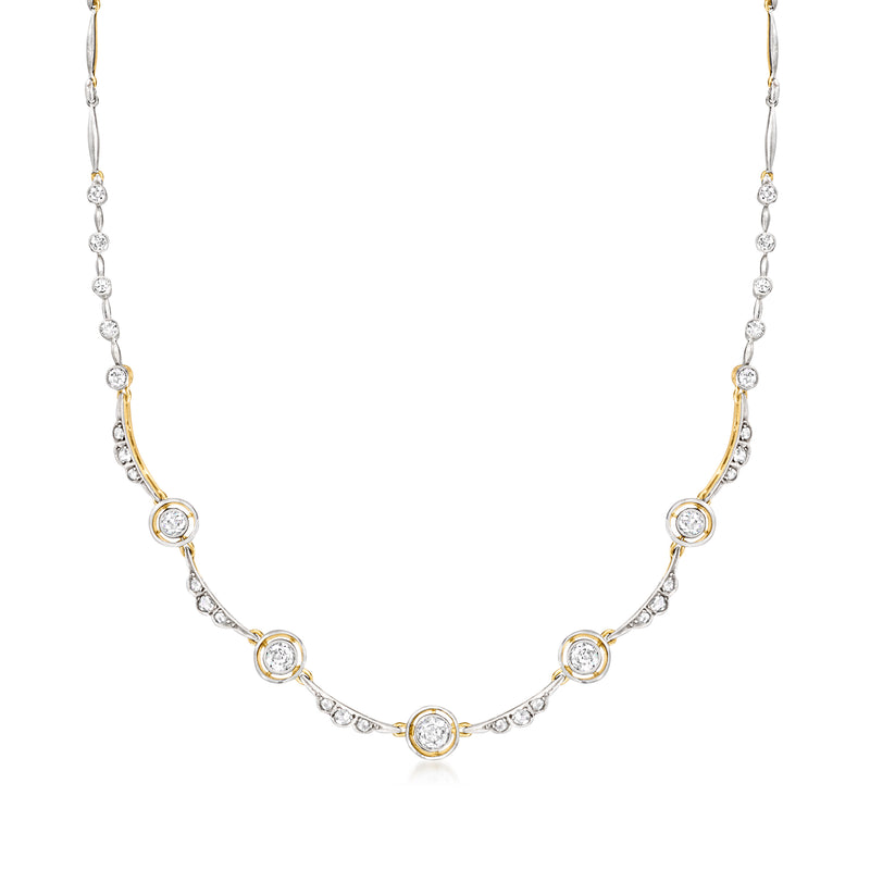 Scalloped diamond tennis necklace in sterling silver with yellow gold accent links