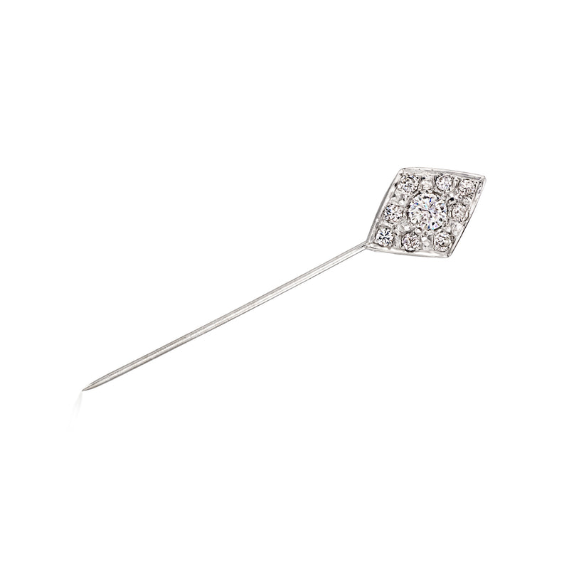 Palladium vintage diamond stick pin with square bezel setting and visible pin stem