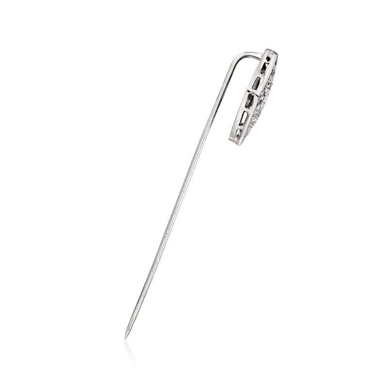 Palladium diamond stick pin viewed from side, with square back frame and needle pin