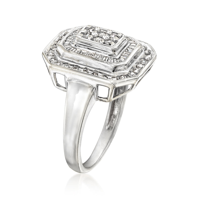 Vintage white gold diamond ring, angled view of square halo and prong setting