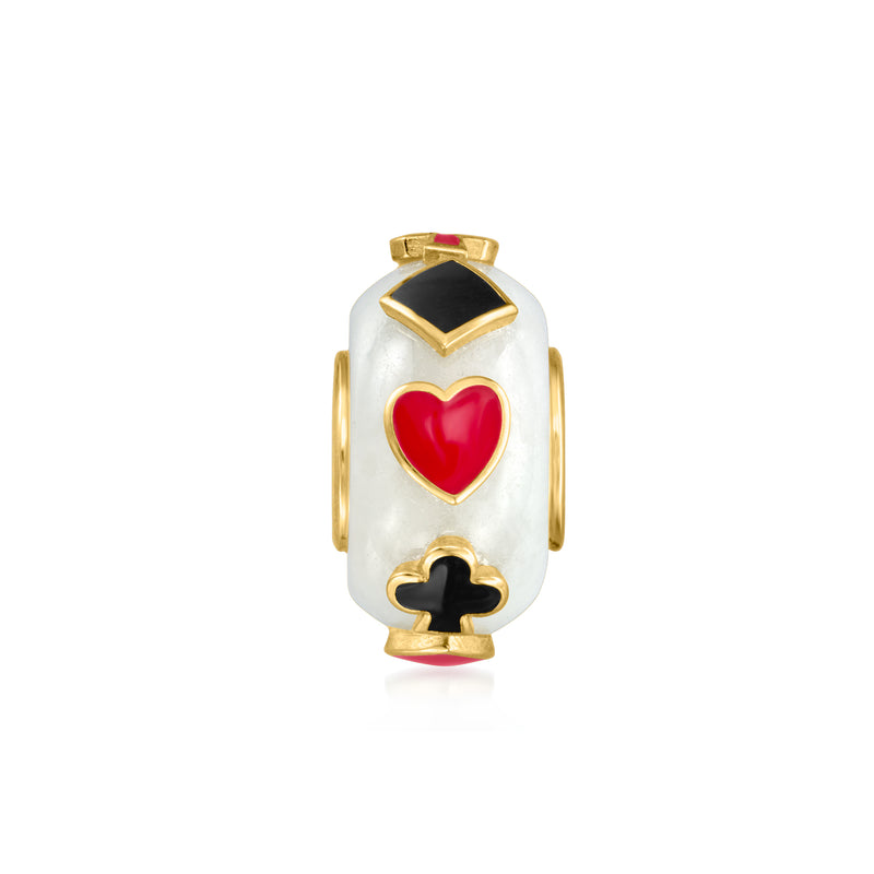 White jade bead charm with gold-tone bezel, red heart and black spade enamel