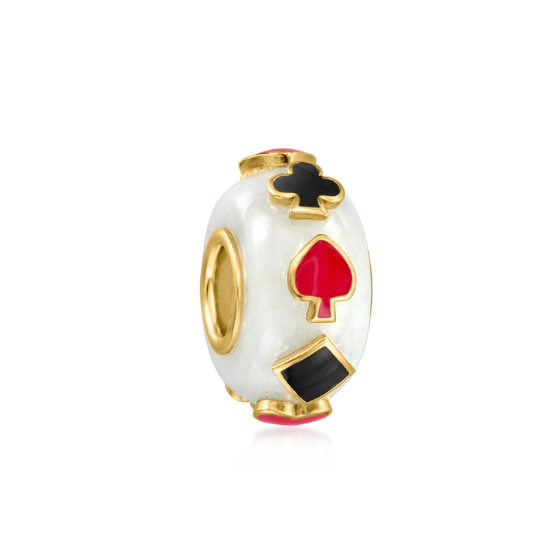 White jade oval charm with gold-tone edges, red heart and black spade enamel