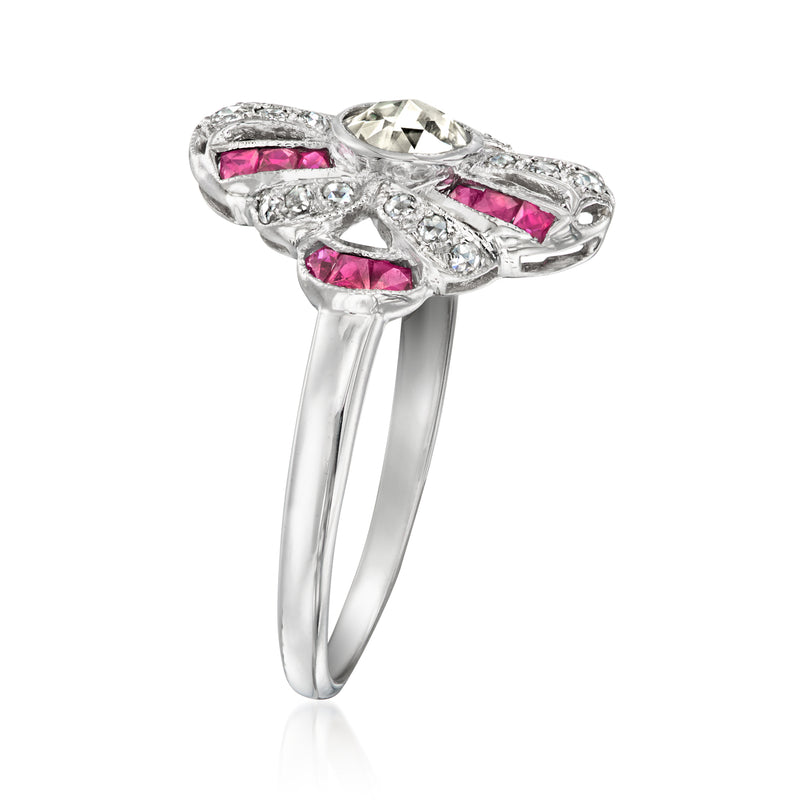 18kt white gold diamond-and-ruby filigree ring, side view of oval setting
