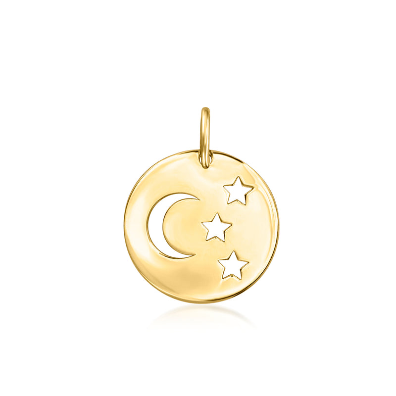 Yellow gold disc charm with cutout moon and stars, hinged loop bail