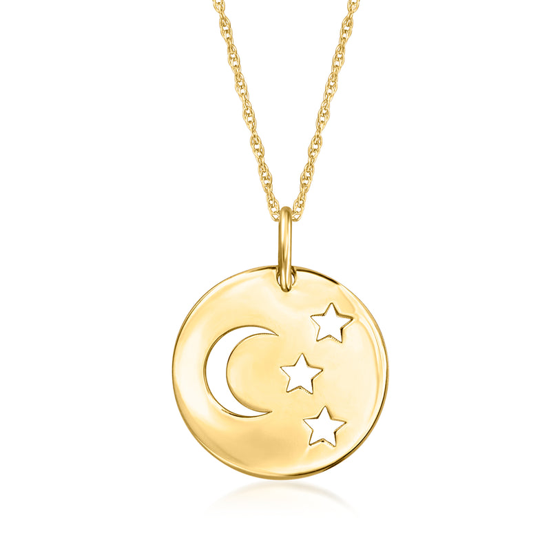 Yellow gold moon-and-stars cutout disc charm on chain, front view
