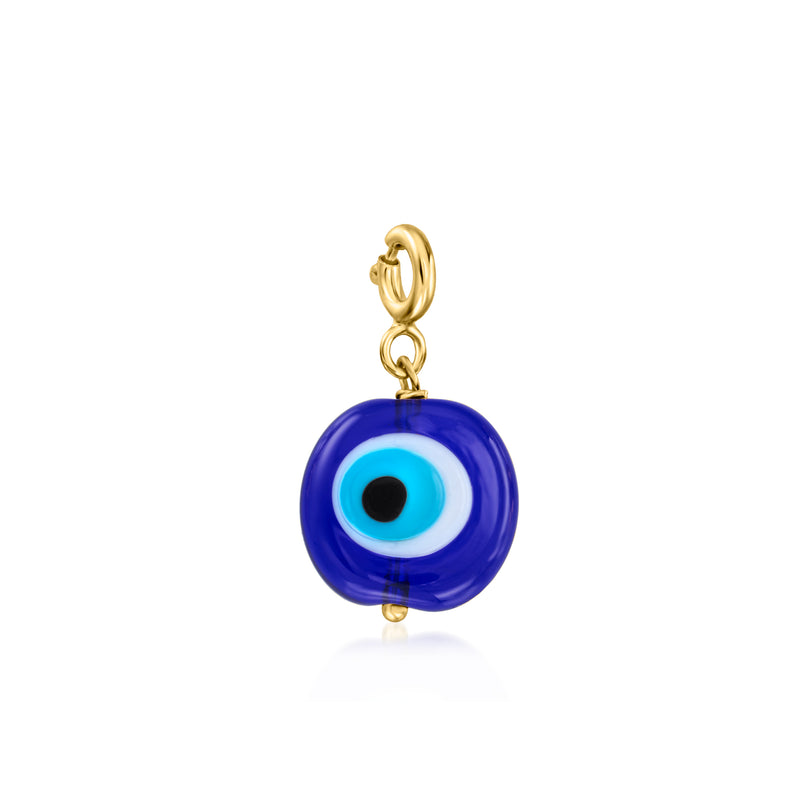 Evil eye charm with round blue Murano-style glass and gold ring bail