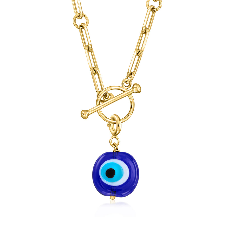 Gold evil eye charm on link chain with hanging round blue glass centerpiece