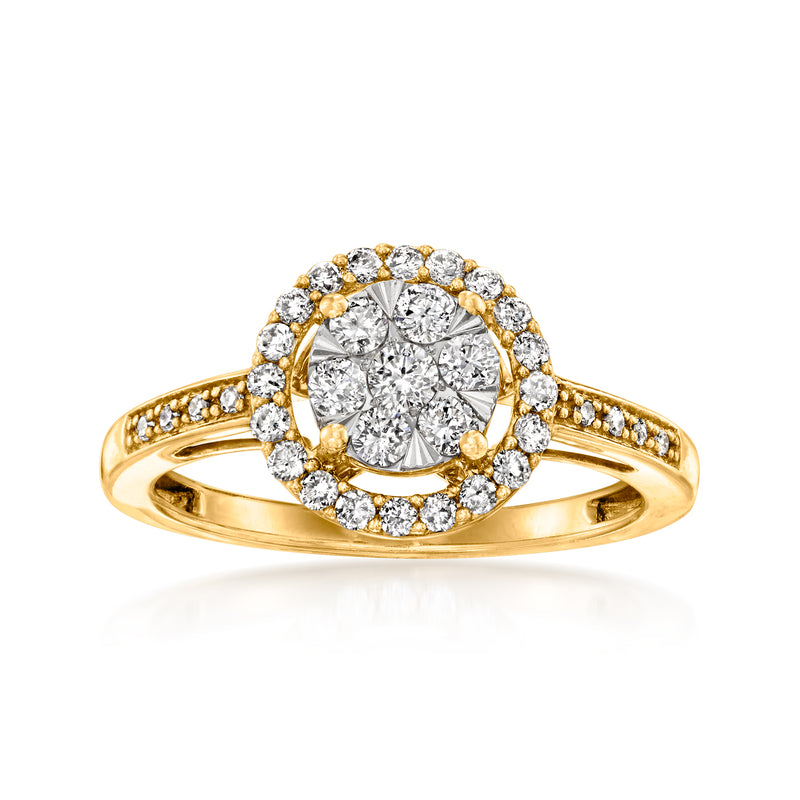 Vintage 14kt yellow gold diamond cluster ring with halo and split shank