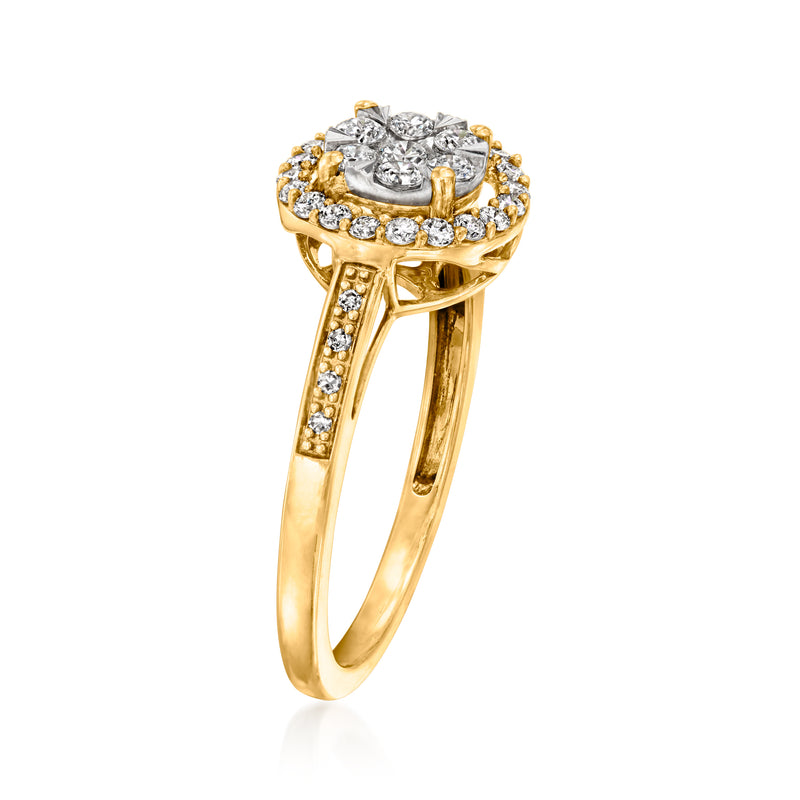 14kt yellow gold diamond cluster ring, round center stone and split shank