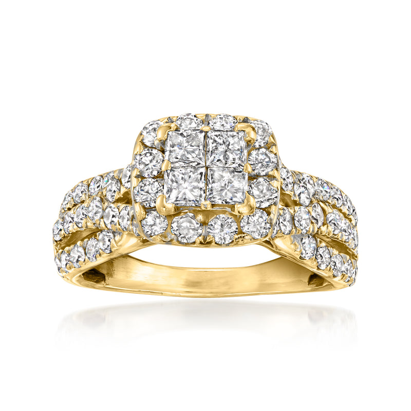 Vintage 14kt yellow gold diamond ring with cluster center and pave band