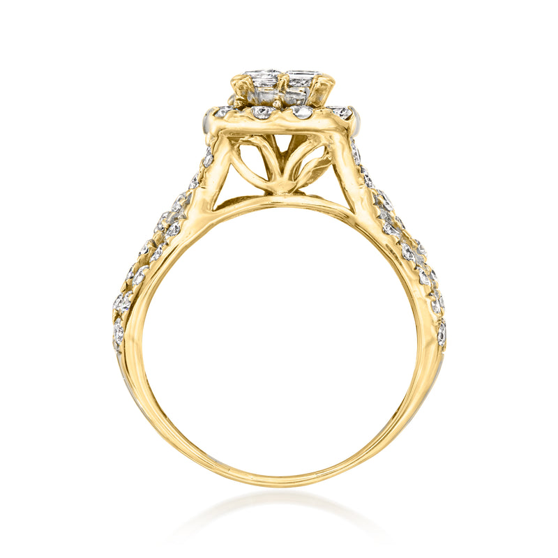 Yellow gold diamond ring showing open prongs and raised center setting
