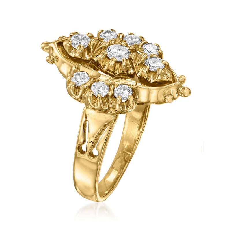 14kt yellow gold diamond cluster ring, side view with round stones in ornate settings