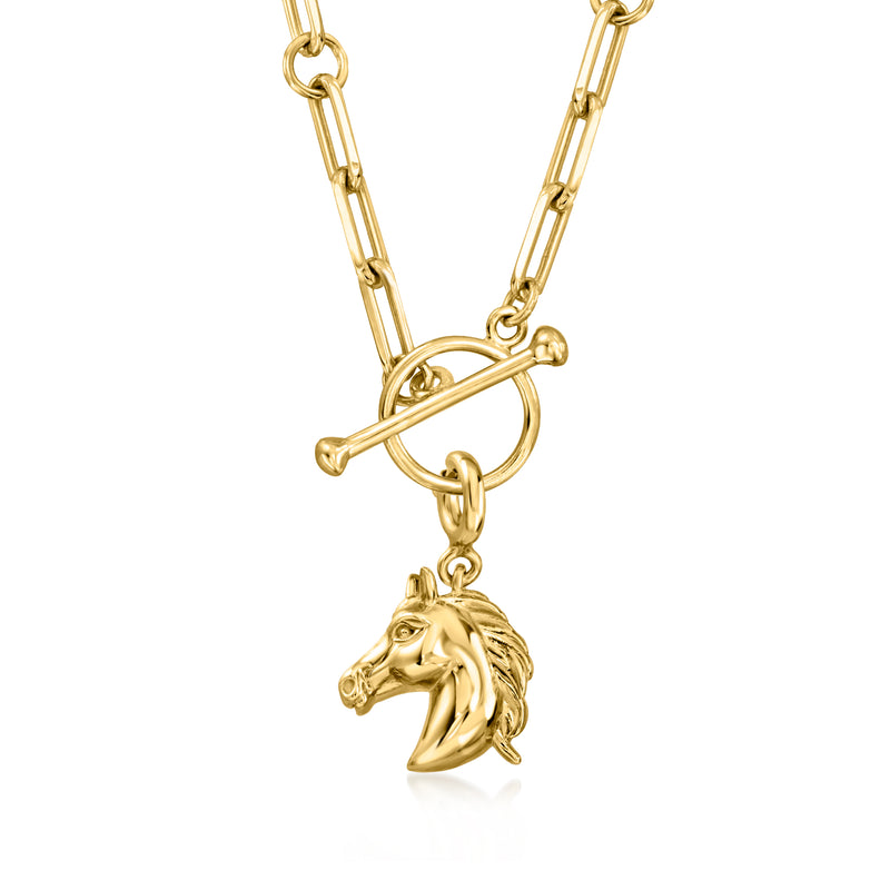 Horse head charm pendant on gold chain with heart-shaped link and clasp