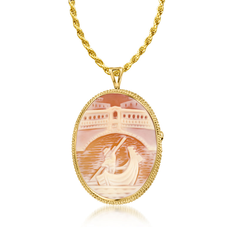 Gold chain oval cameo pendant with orange shell scene, textured gold frame