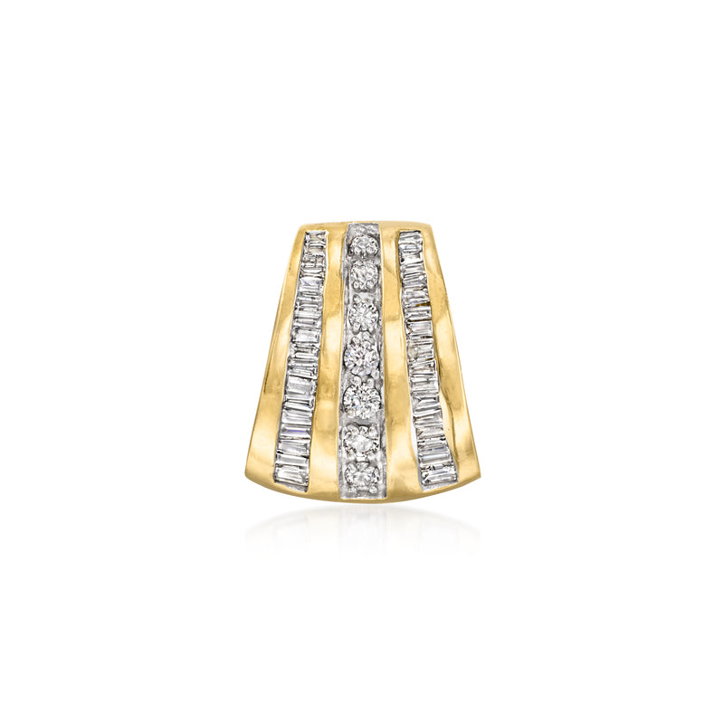 14kt yellow gold diamond slide pendant with rectangular center stone and side baguettes