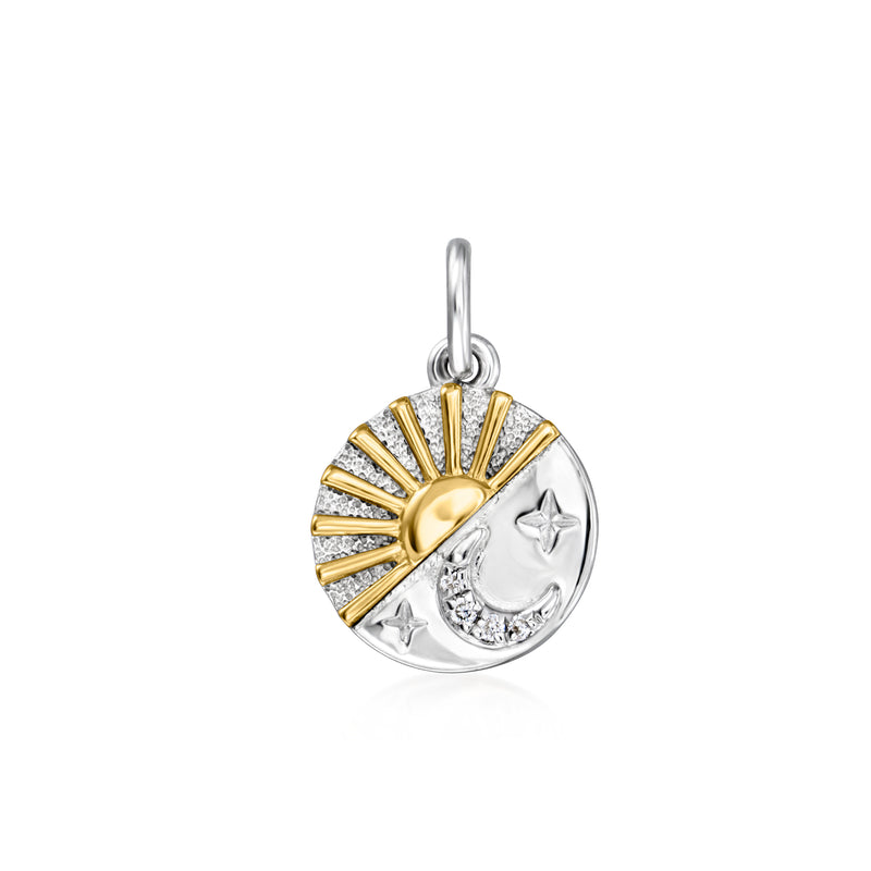 Sun and moon charm with sterling silver and yellow gold accents, lab-grown diamond details