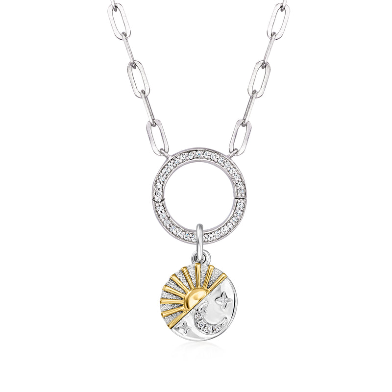 Sterling silver pendant necklace with round diamond ring and sun-moon charm drop