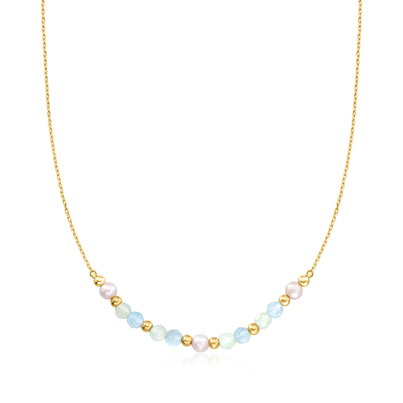 Gold beaded station necklace with cultured pearls and light blue gemstones
