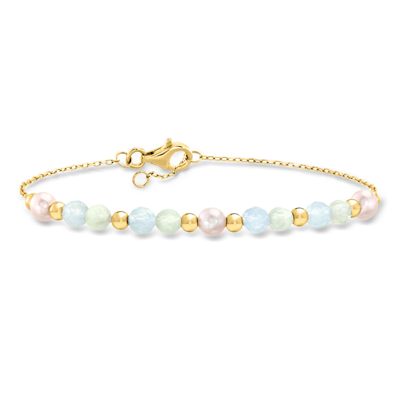 Gold beaded bracelet with light blue, pale pink, and gold round beads and clasp