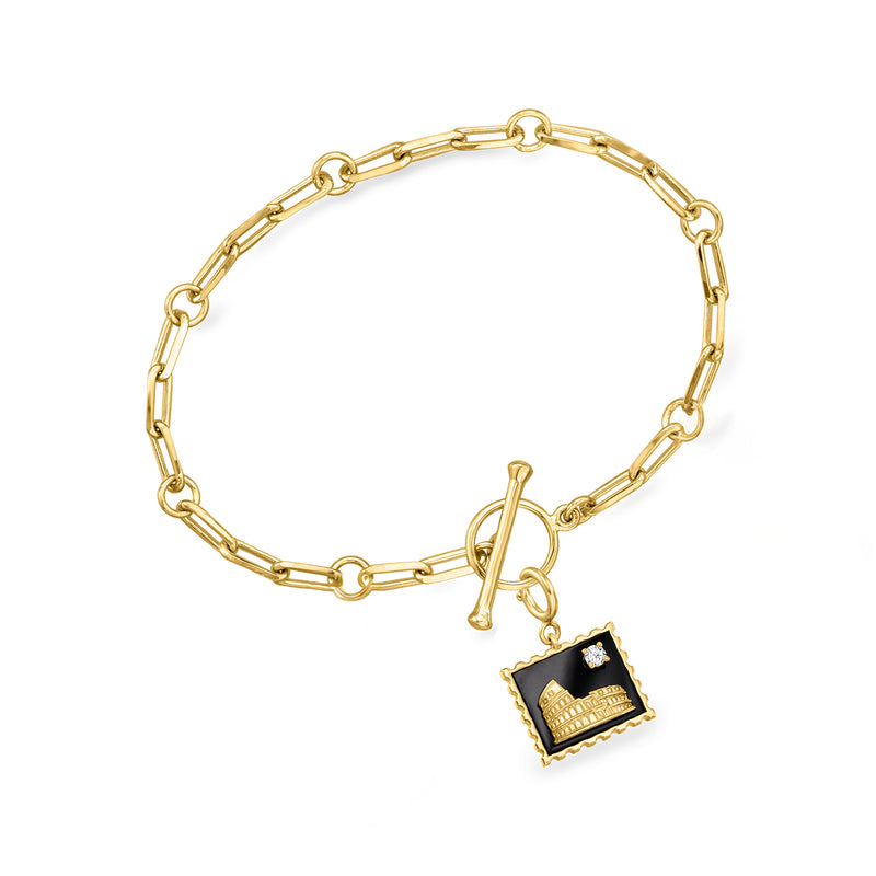 Gold chain bracelet with black Rome stamp charm pendant and diamond accent