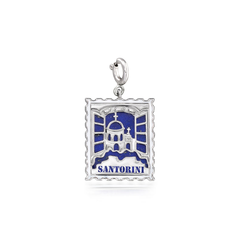 Sterling silver Santorini stamp charm with blue enamel building and windows