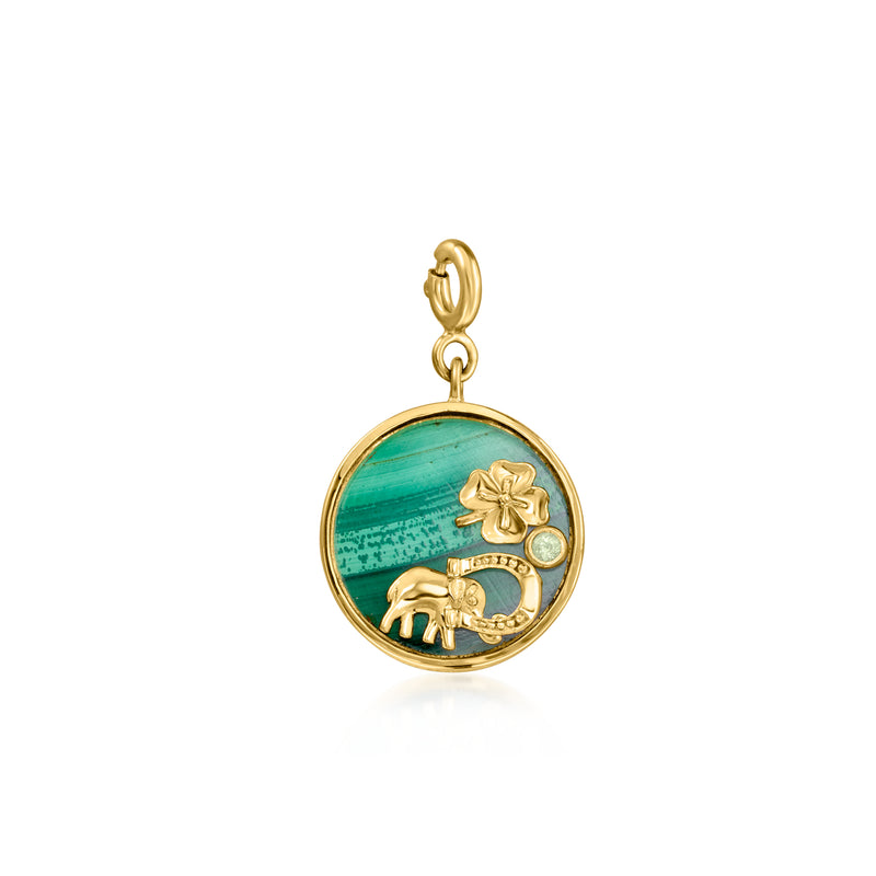 Round gold charm with green malachite-style panel, elephant and lucky flower motif